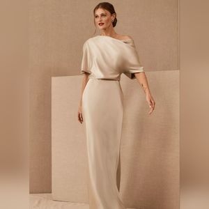 BHLDN Amsale Pryce Off-the-Shoulder Column Dress, Size 8, Neutral Champagne